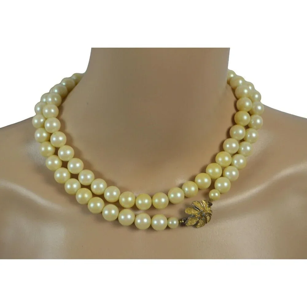 Vintage Faux Pearl Necklace w/ Gold Clasp – Wear Long or Double Strand